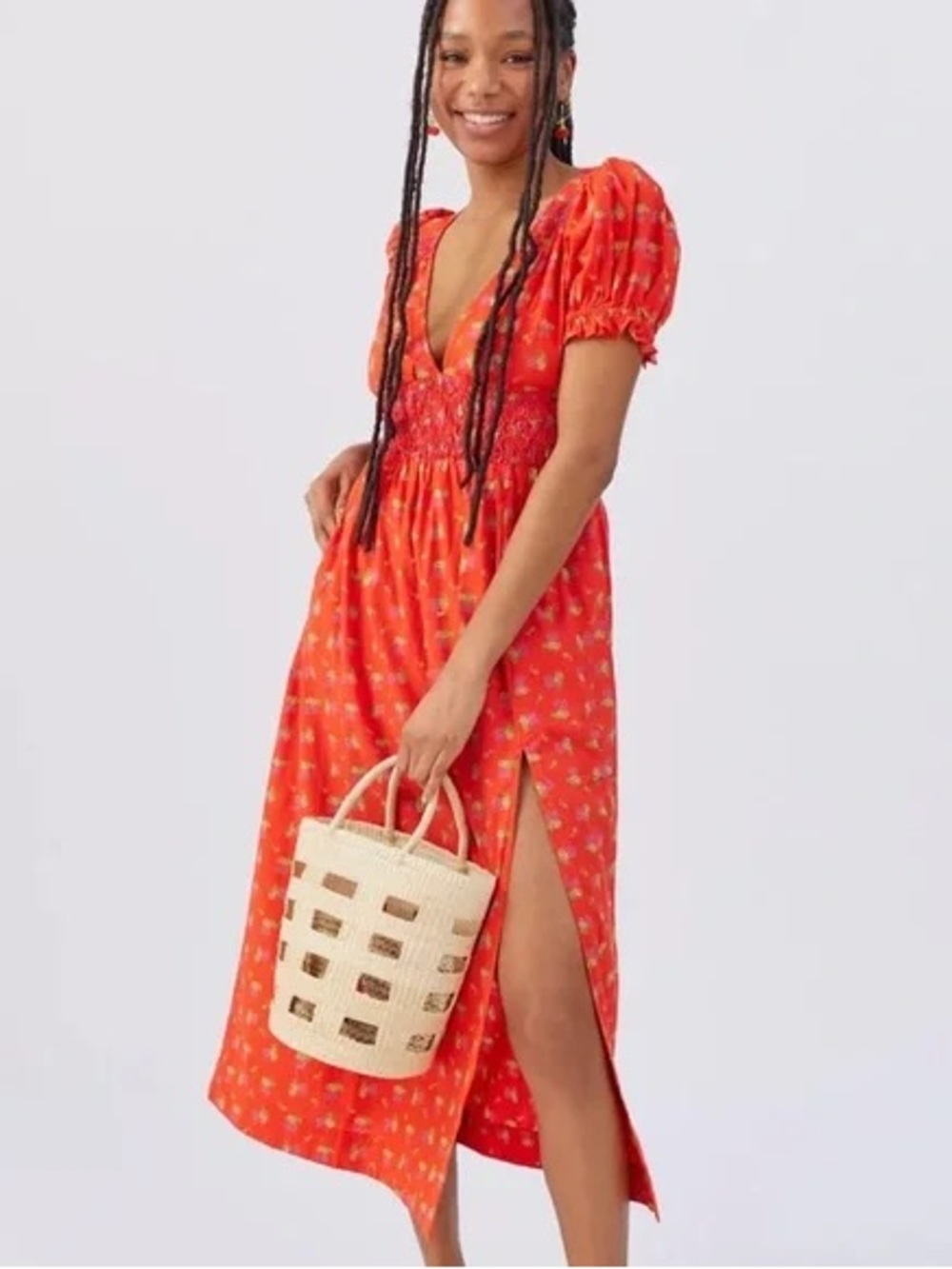 Urban Outfitters Liliana Side Slit Midi Dress Red Floral Print Size M